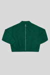Green wool cardigan with front zipper and short structured silhouette