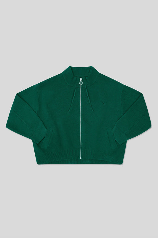 Green wool cardigan with front zipper and short structured silhouette
