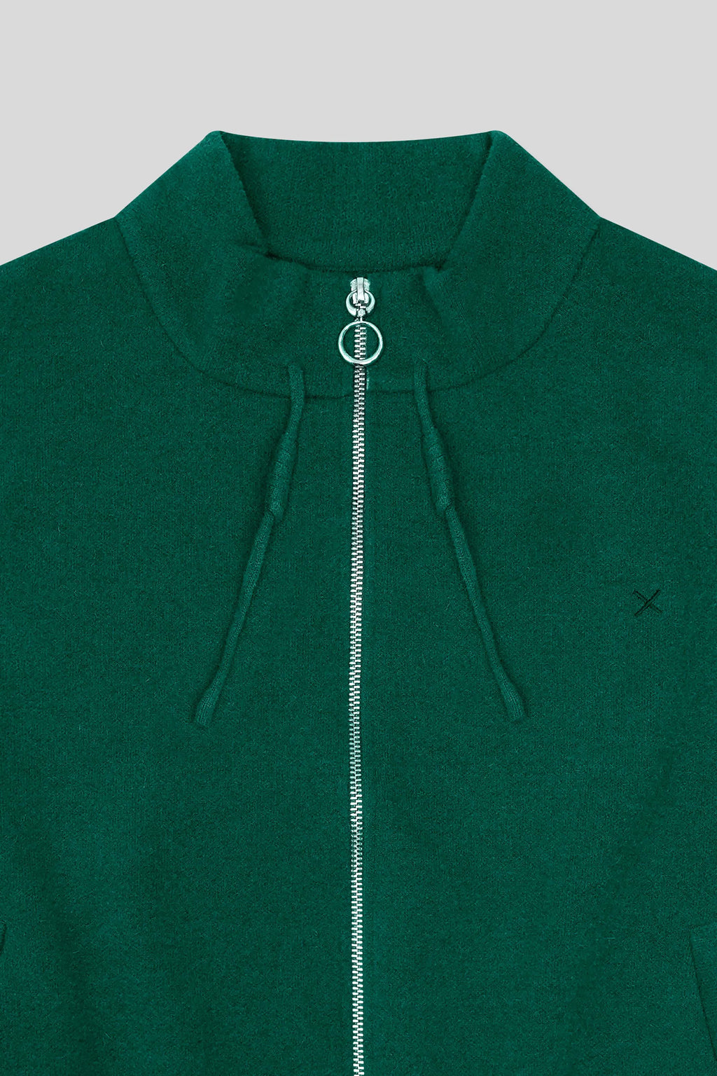 Green wool cardigan with round collar and front zipper detail