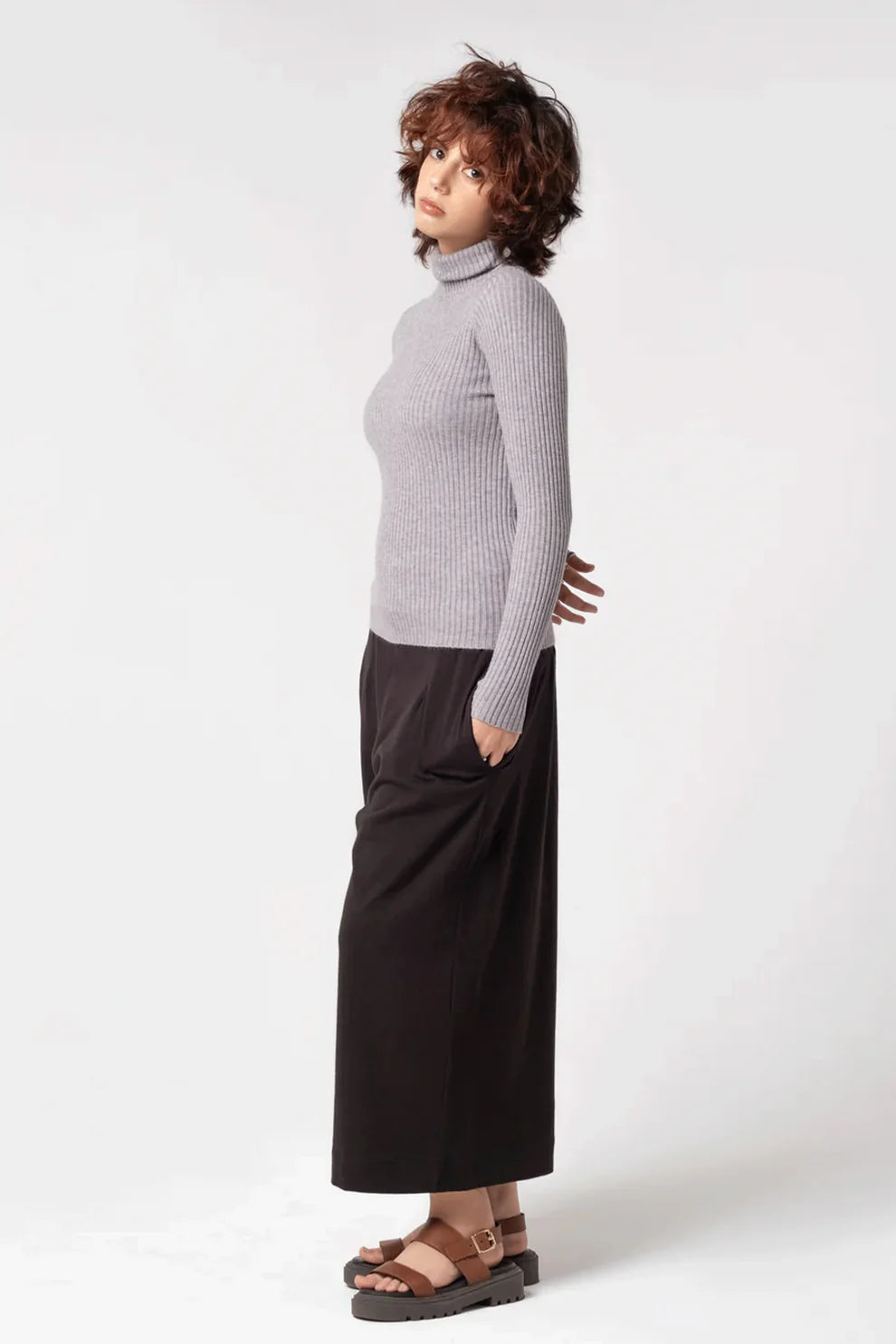 Grey knit cardigan side view