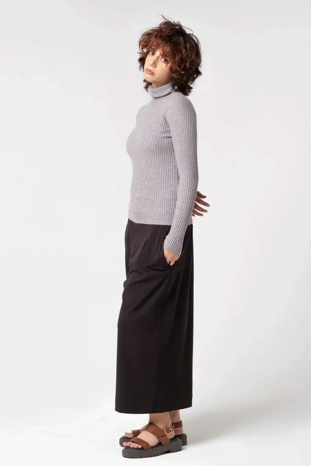 Grey knit cardigan side view