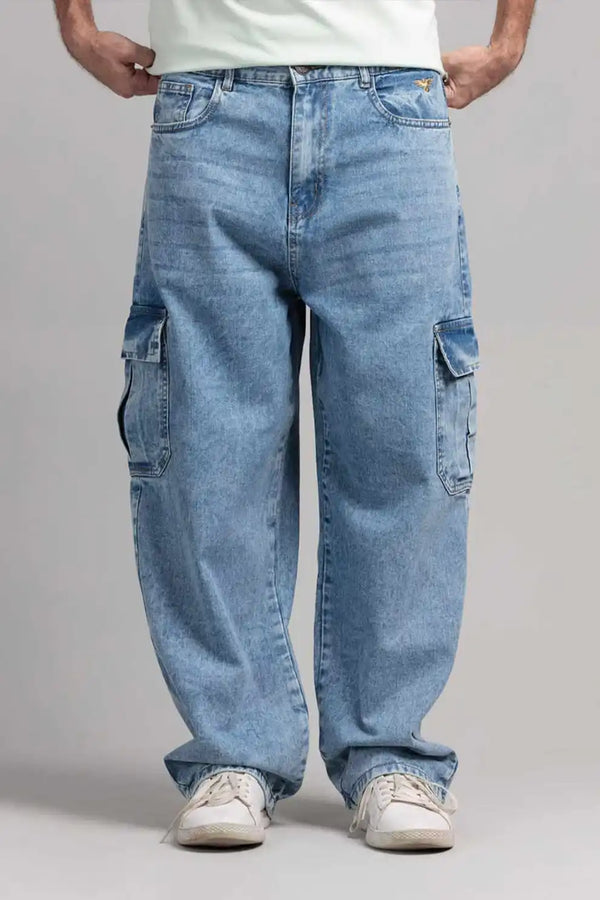 Men Skater Fit Cargo Denim Jeans - Ice Blue