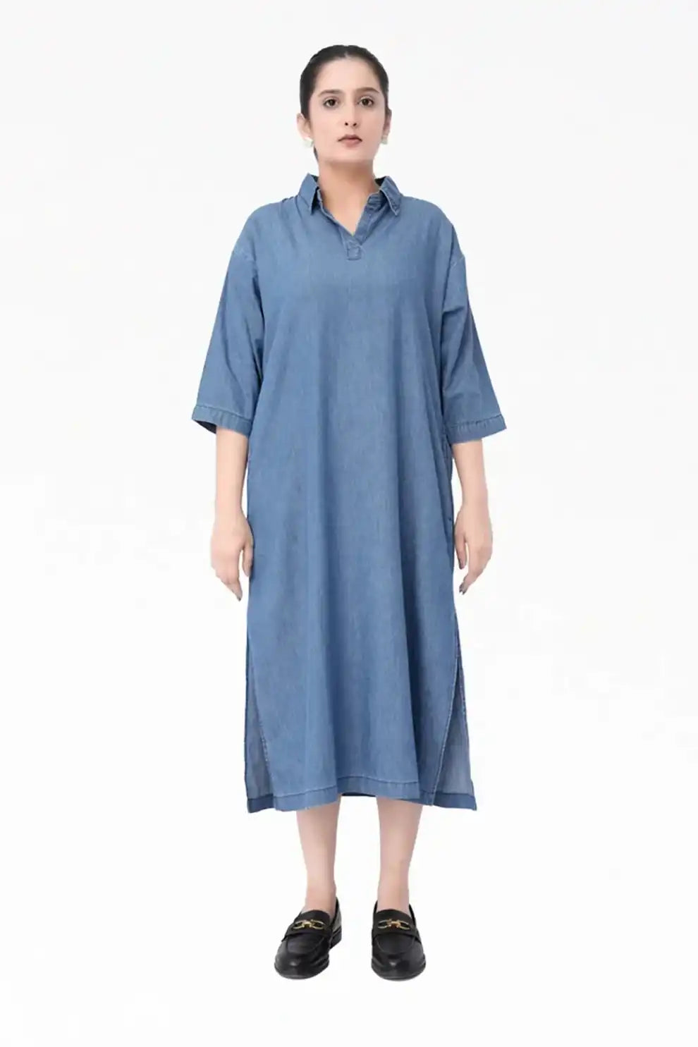 Women’s Indigo Blue Denim Long Dress Shirt