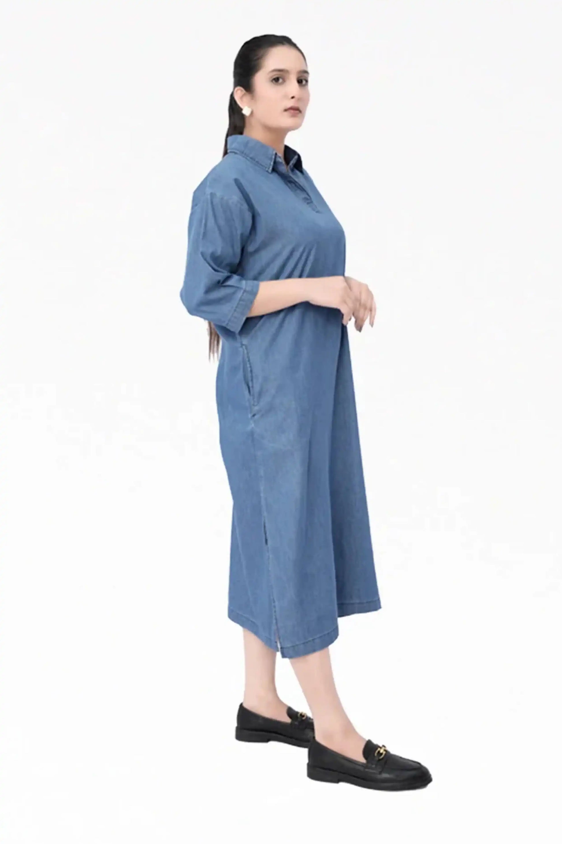 Indigo Blue Denim Long Dress Shirt