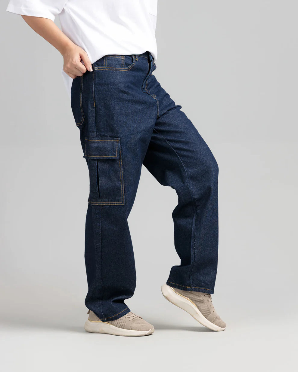 Indigo cargo denim jeans side view