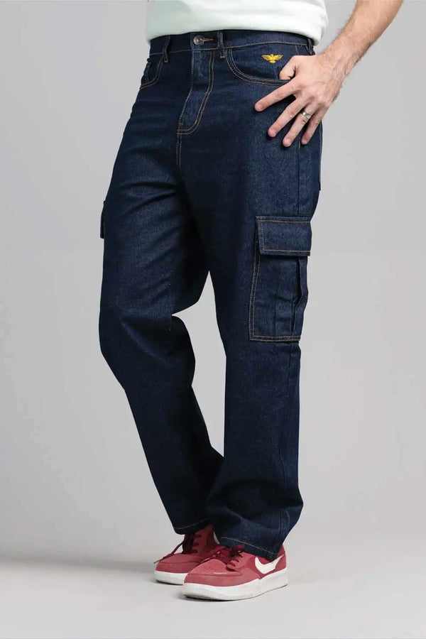 Men Loose Fit Cargo Denim Jeans - Indigo