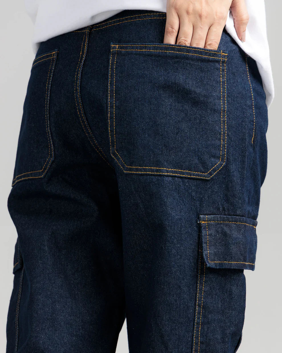 Indigo loose fit jeans close up