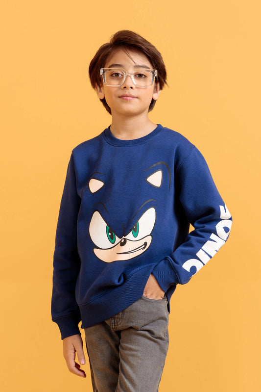 Junior boy wearing a sweatshirt in Palace Blue with screen print