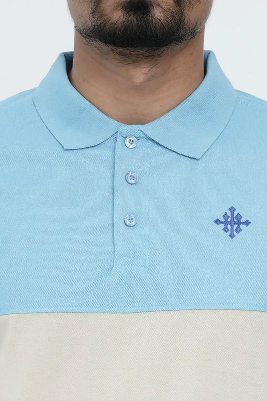 Light blue and beige polo shirt with a logo
