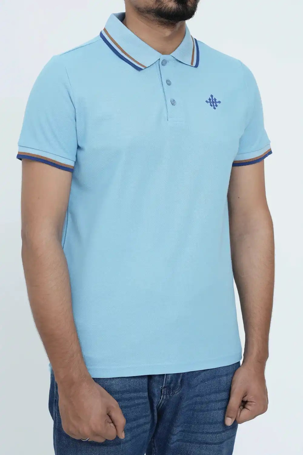 Polo shirt with dark blue trim on a white background
