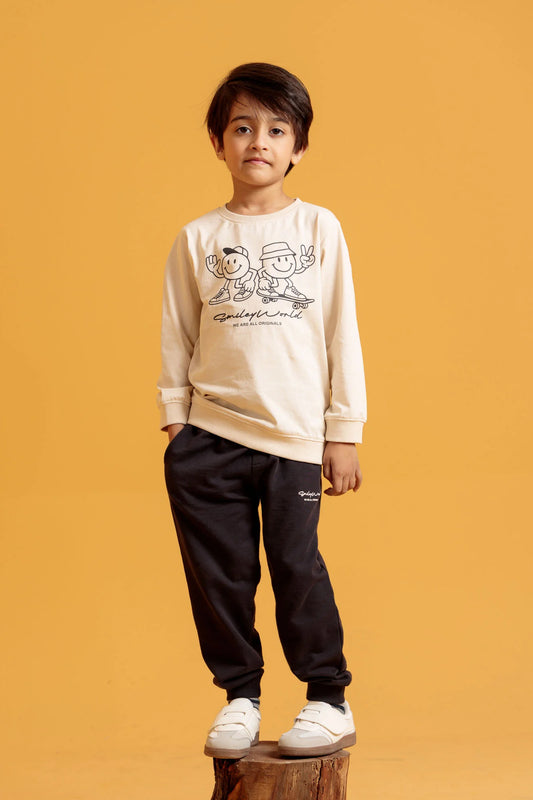 Little Boys’ Charcoal Grey Two-Piece Outfit on an orange background