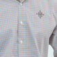 Close-up logo detail on checkered brown casual shirt