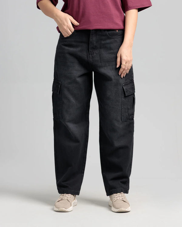 Women Loose Fit Cargo Denim Jeans - Charcoal
