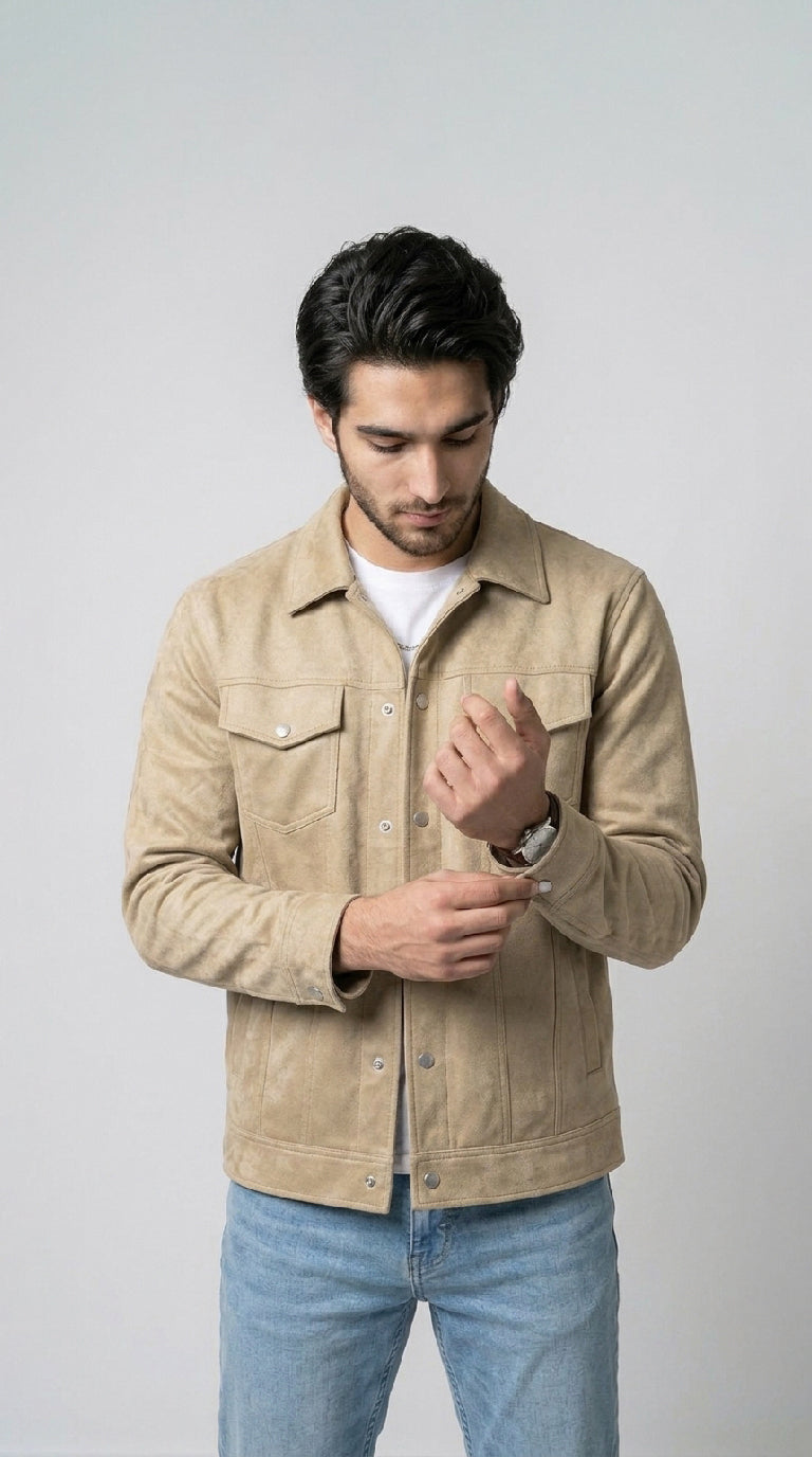 Men’s Suede Trucker Jacket - Khaaki