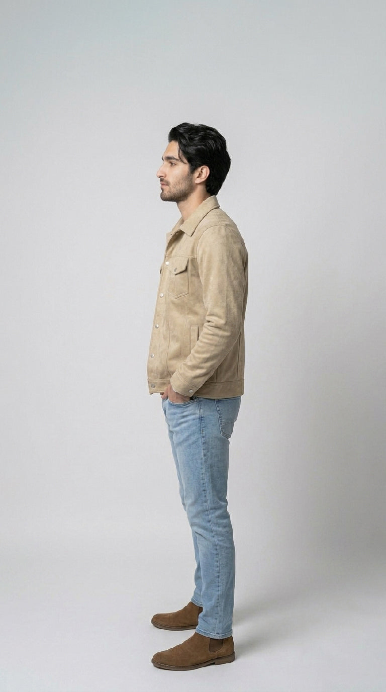 Men’s Suede Trucker Jacket - Khaaki