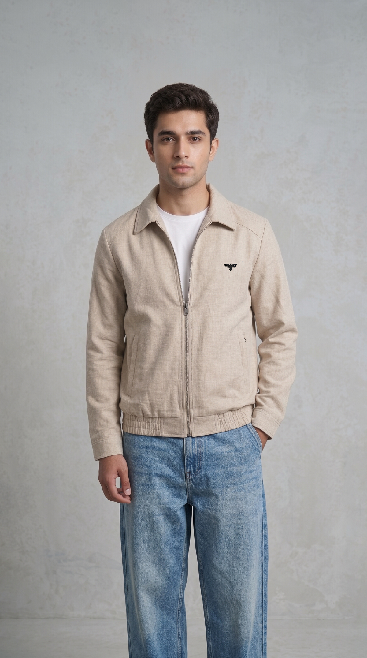 Men's Cream Herringbone Zip Jacket