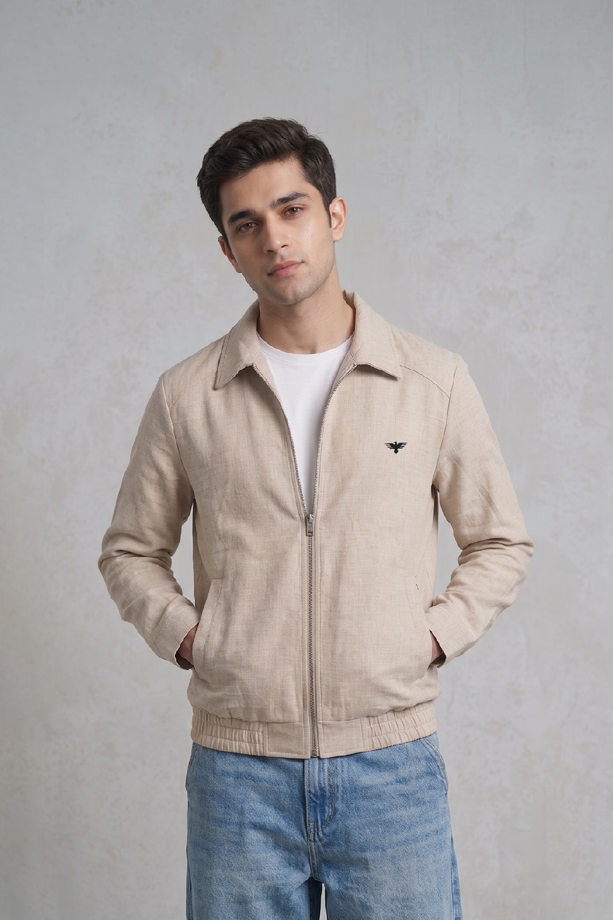 Men's Cream Herringbone Zip Jacket