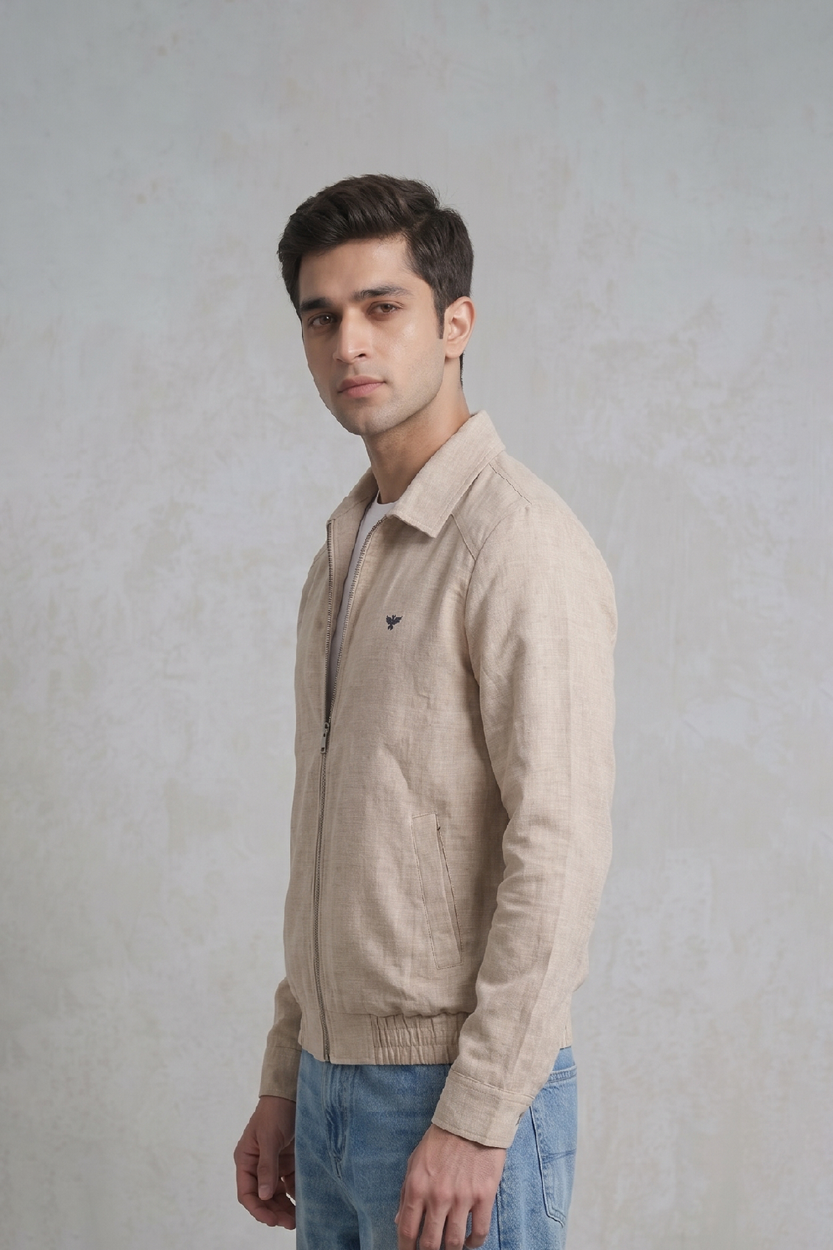 Men's Cream Herringbone Zip Jacket