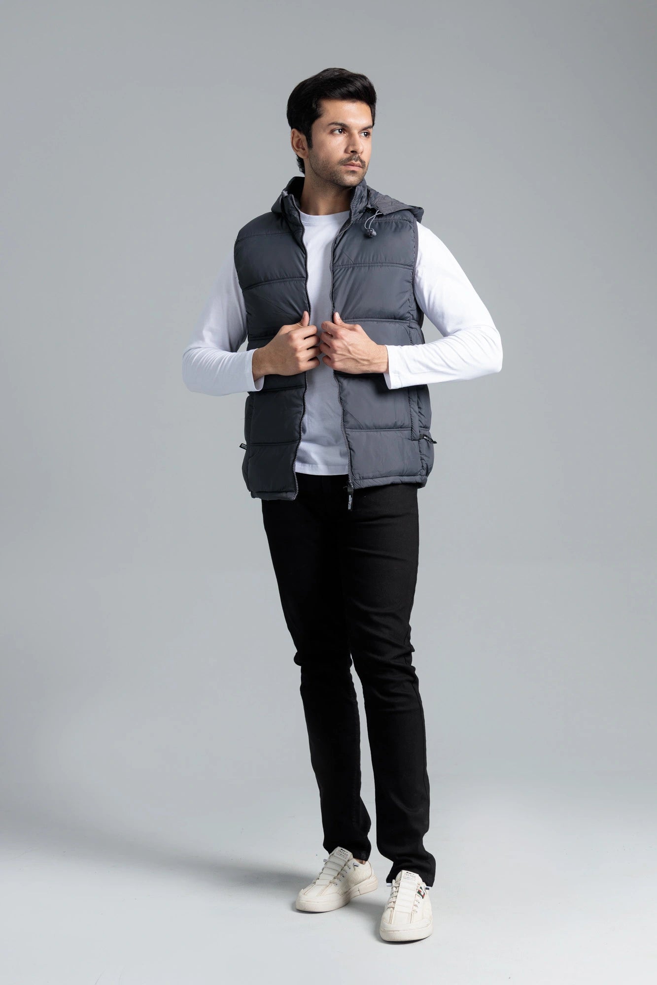 Man wearing Sleeveless Parachute Jacket Grey with casual outfit