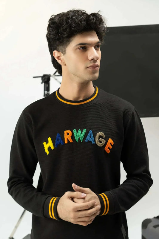 Man wearing a black regular fit sweatshirt  with colorful text in a studio setting