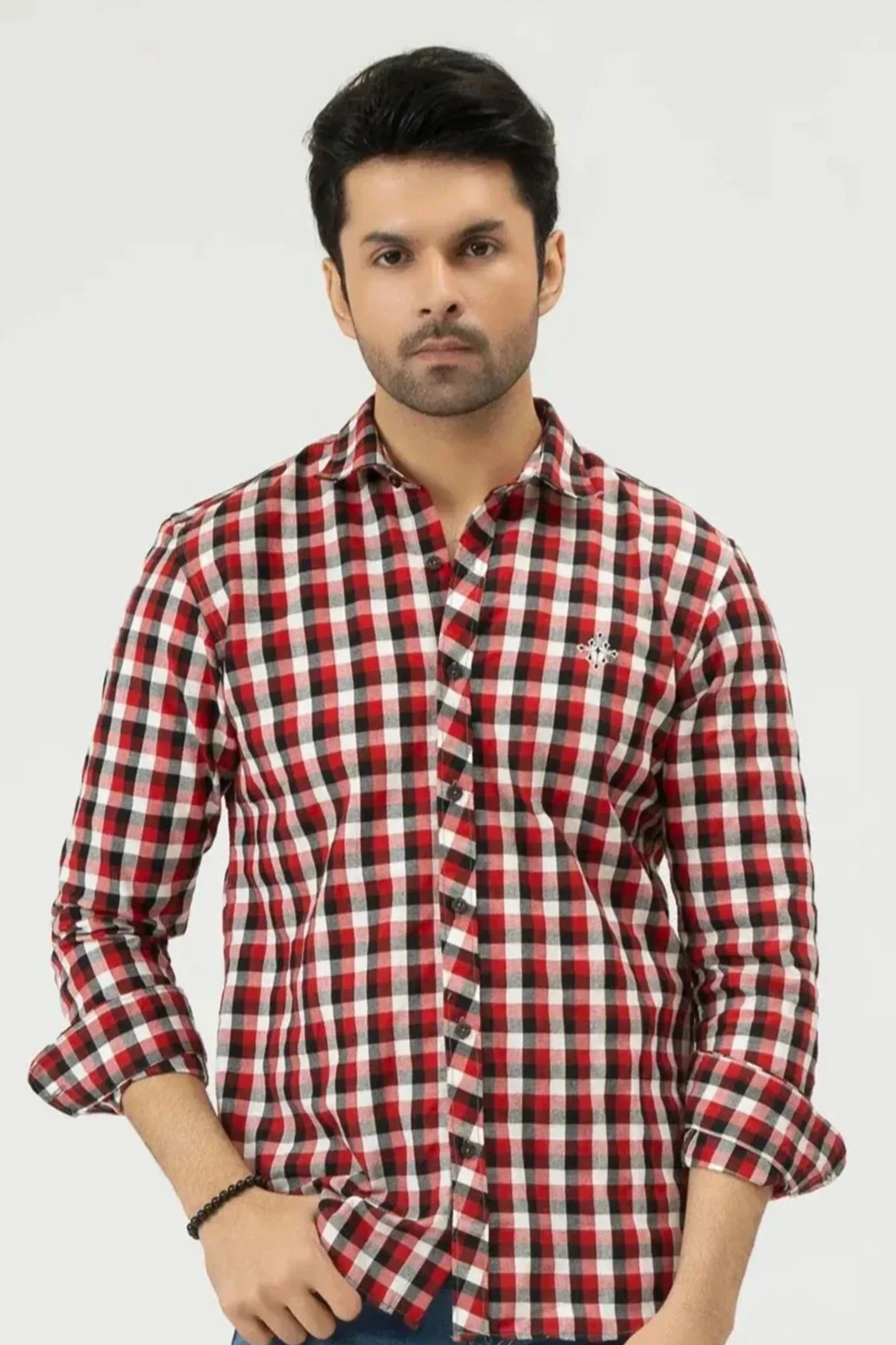 Man wearing a red and black checkered shirt