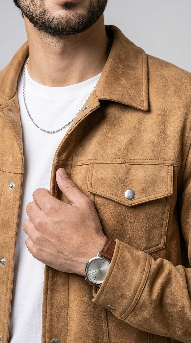 Men’s Suede Trucker Jacket - Camel