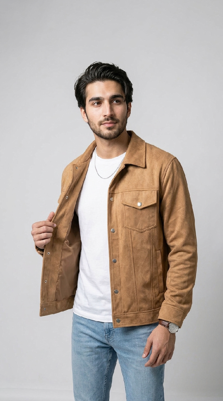 Men’s Suede Trucker Jacket - Camel
