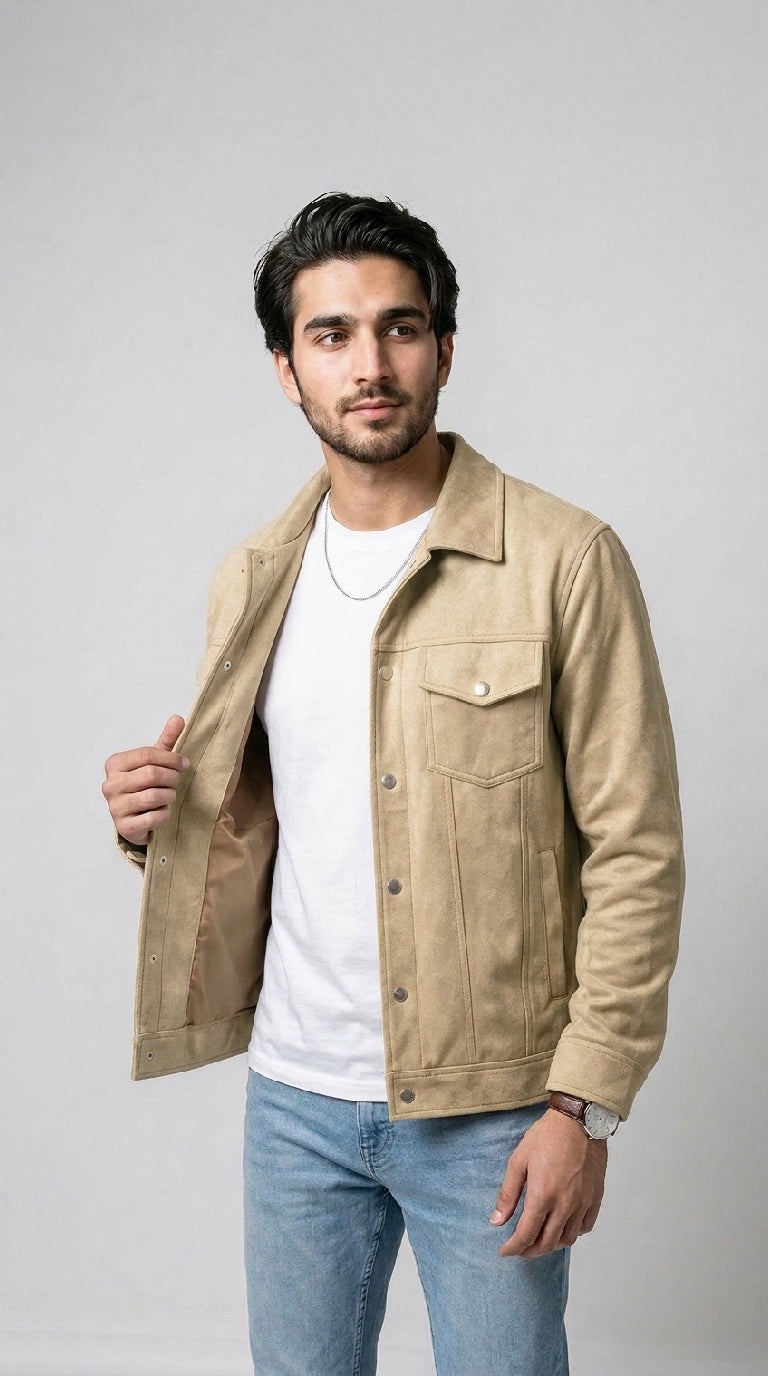 Men’s Suede Trucker Jacket - Khaaki