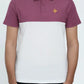 Maroon and white polo shirt with a small logo on a plain background