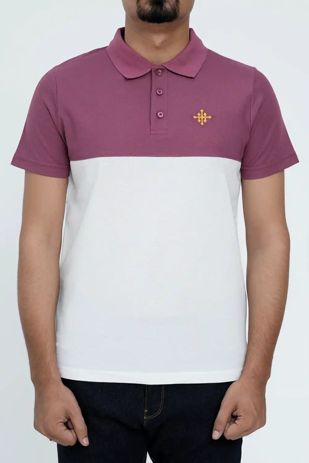 Maroon and white polo shirt with a small logo on a plain background