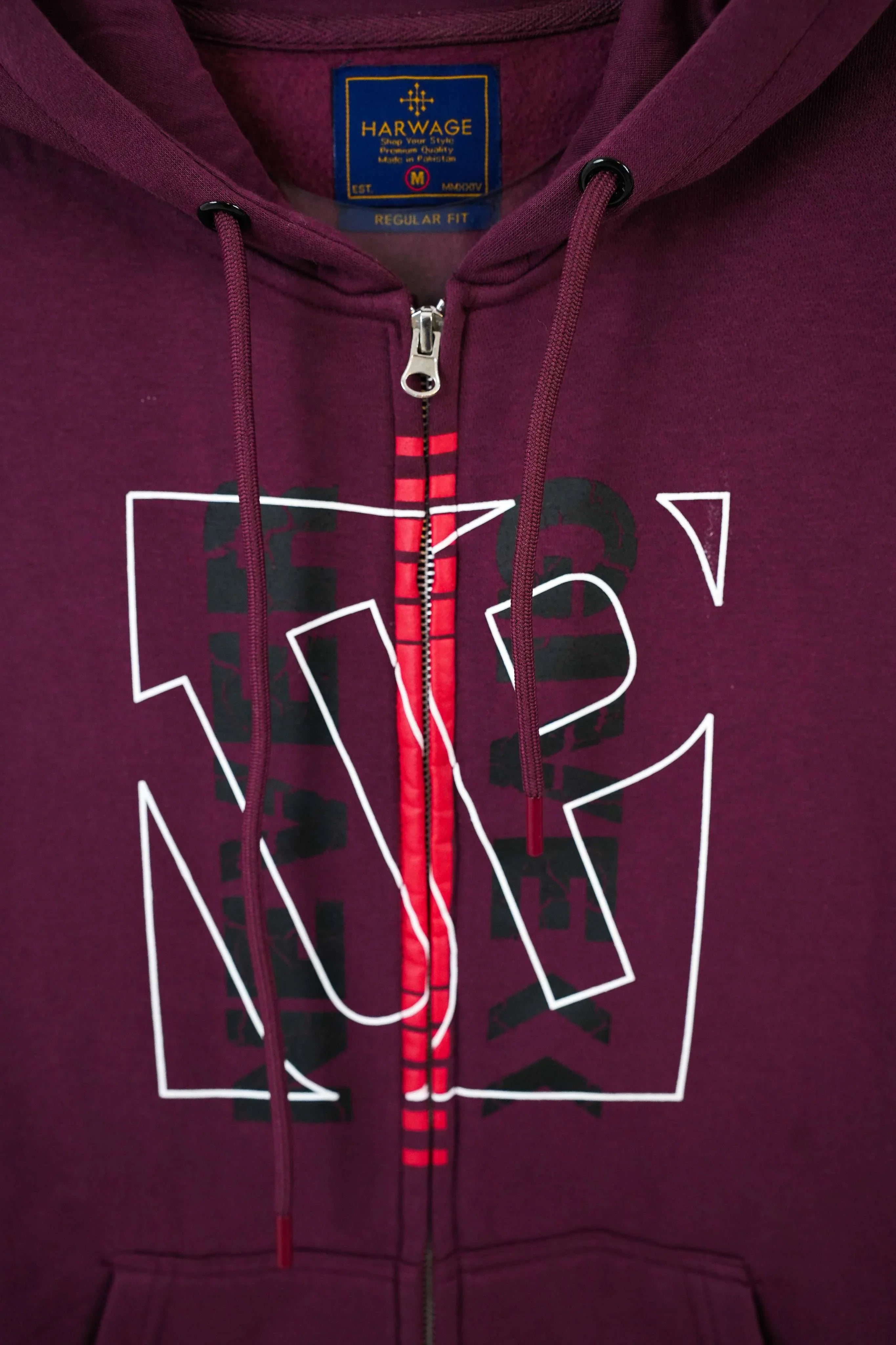 Maroon hoodie with a red zipper and visible Harwage logo