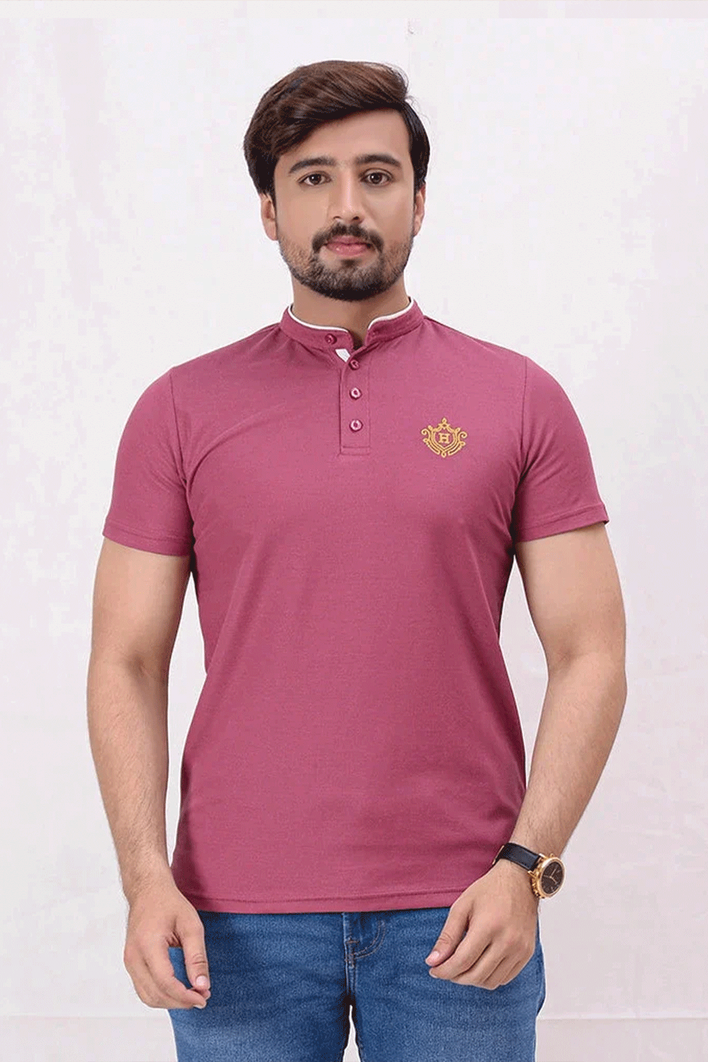 Men Ban Neck Polo Shirt - Hawthorn Rose