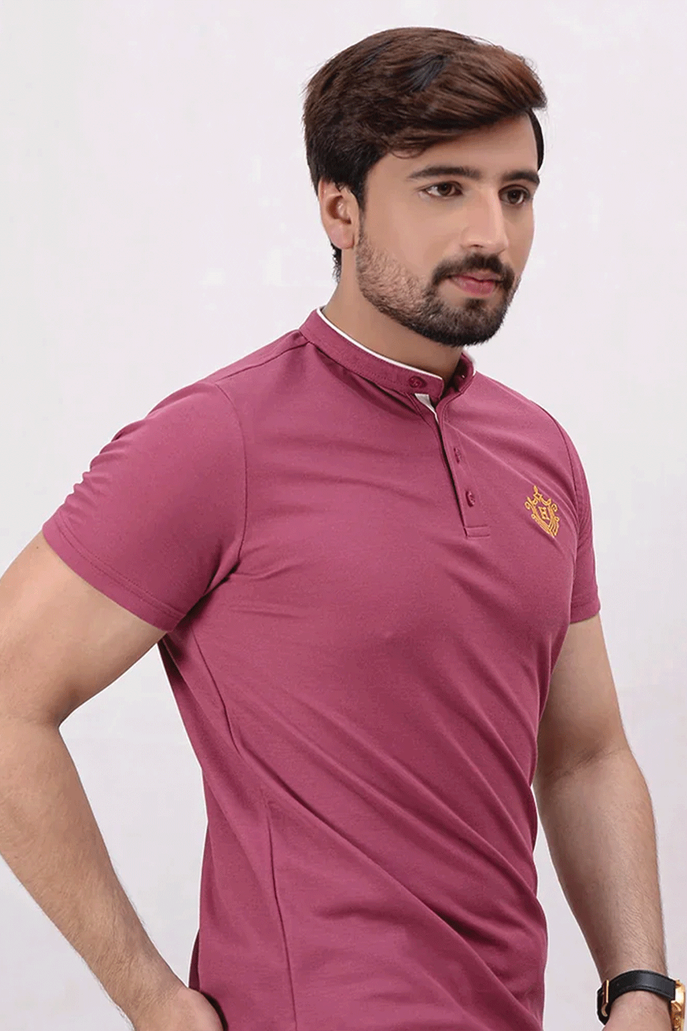 Men Ban Neck Polo Shirt - Hawthorn Rose