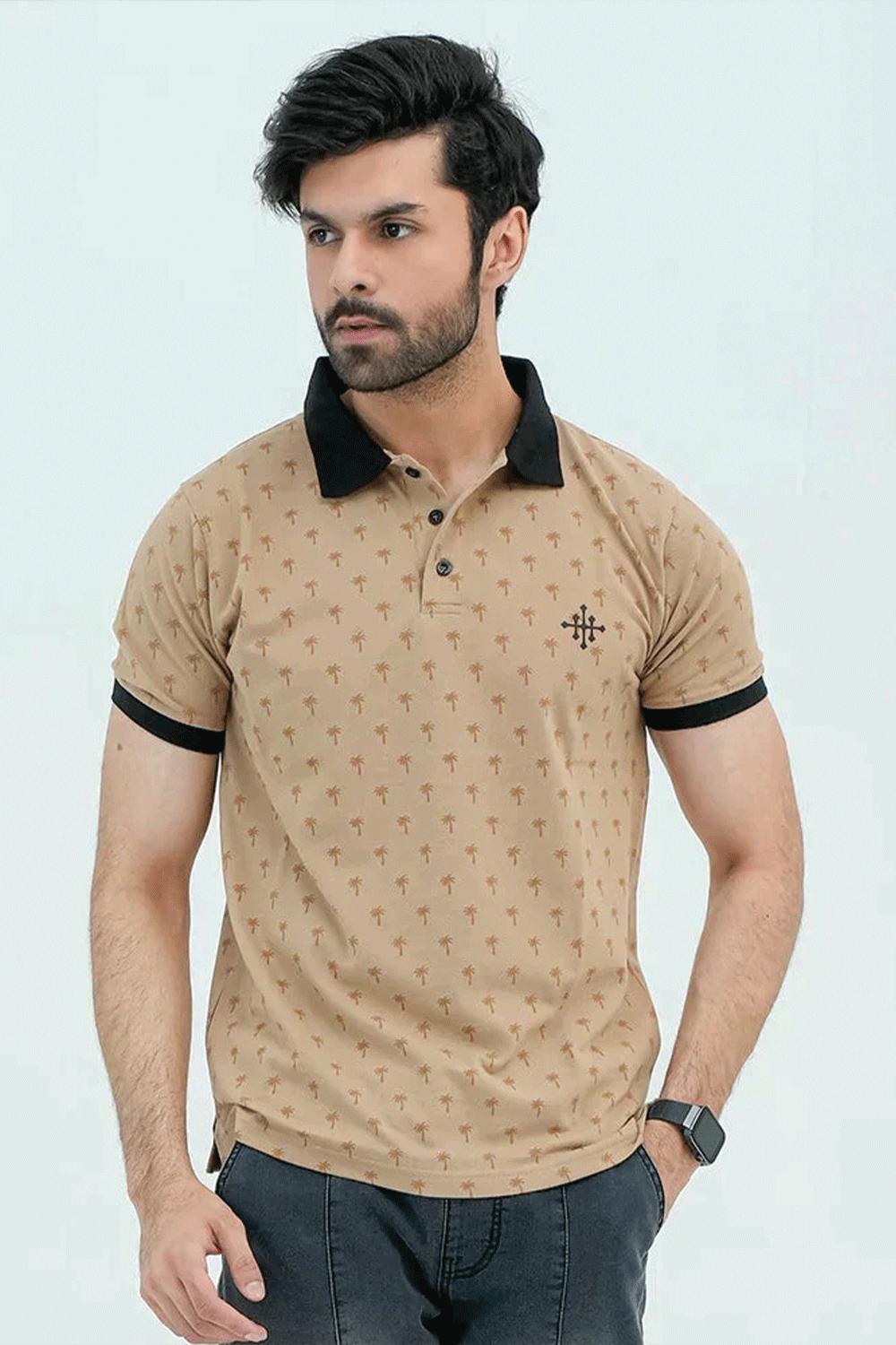 Men Graphic Polo with Contrast Trims - Beige