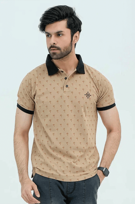 Men Graphic Polo with Contrast Trims - Beige