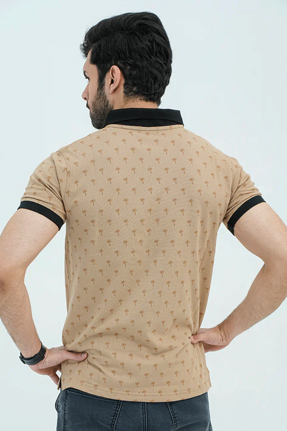 Men Graphic Polo with Contrast Trims - Beige