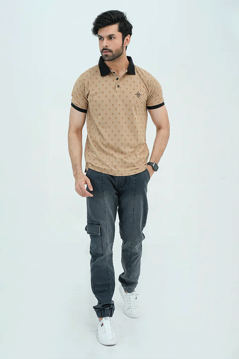 Men Graphic Polo with Contrast Trims - Beige