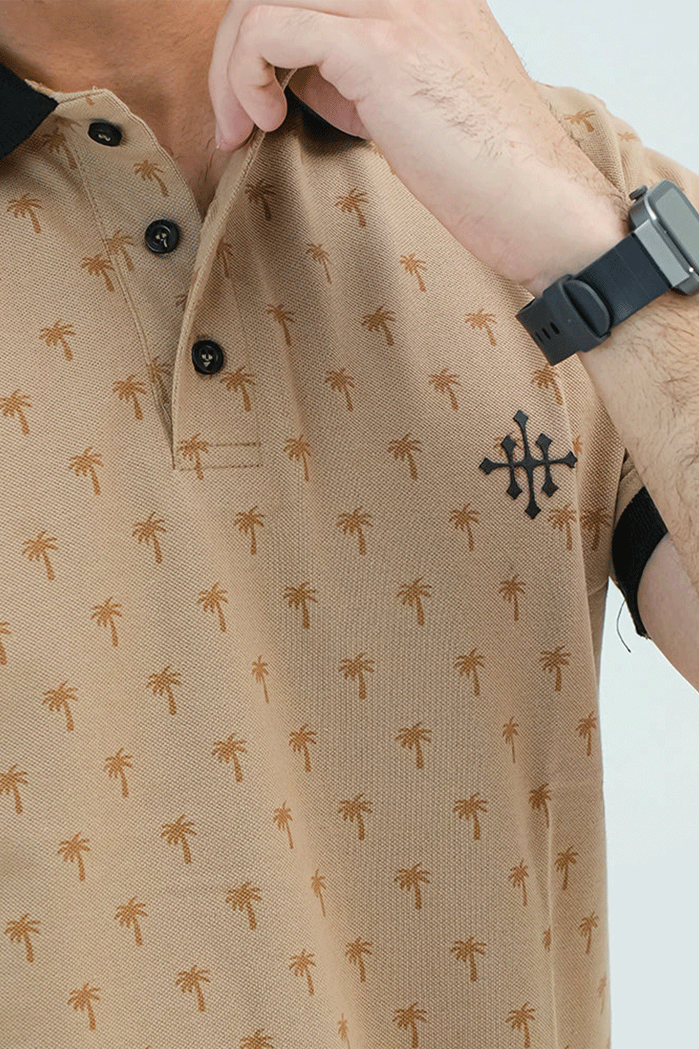 Men Graphic Polo with Contrast Trims - Beige