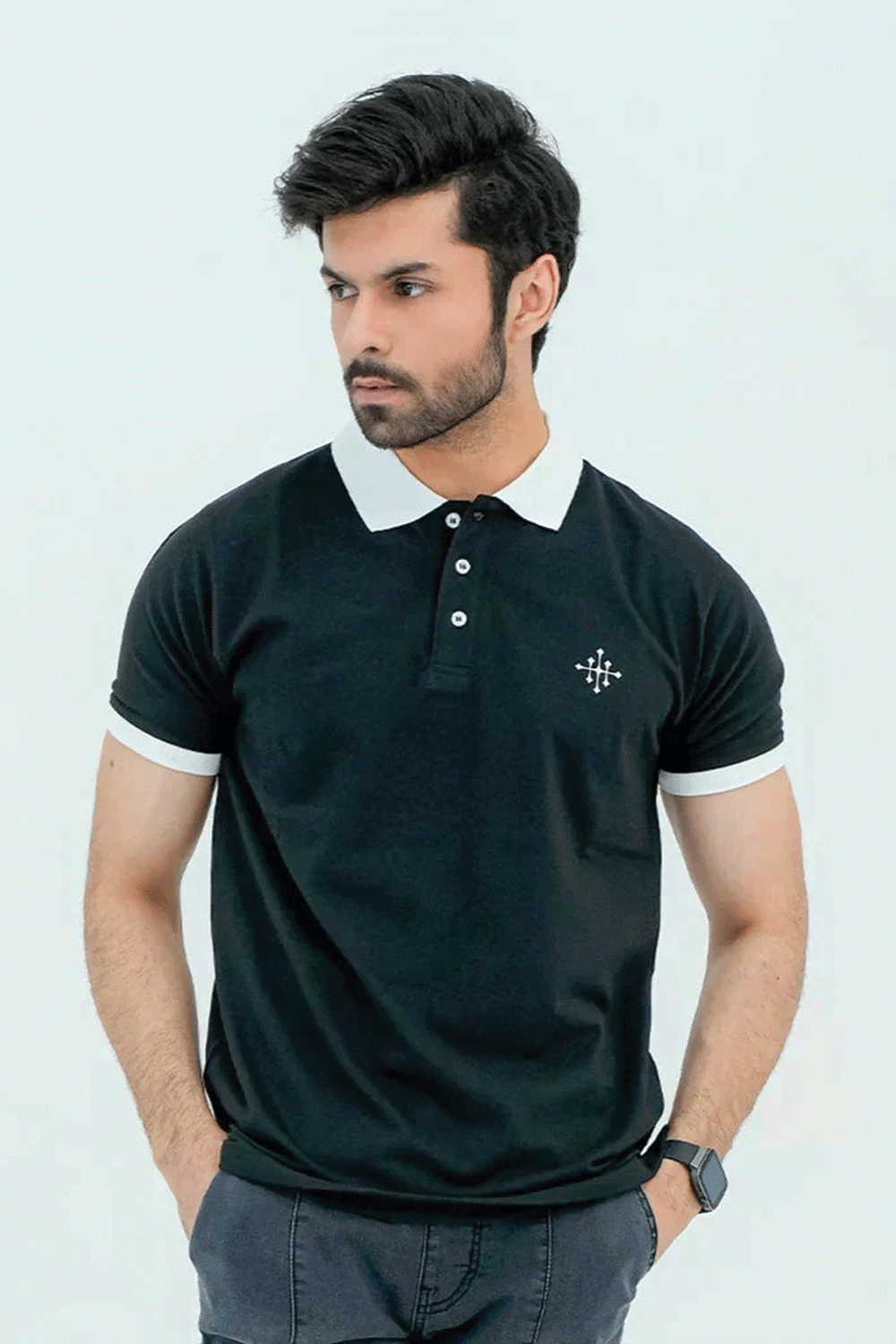 Men Polo Shirt with Contrast Trims - Jet Black