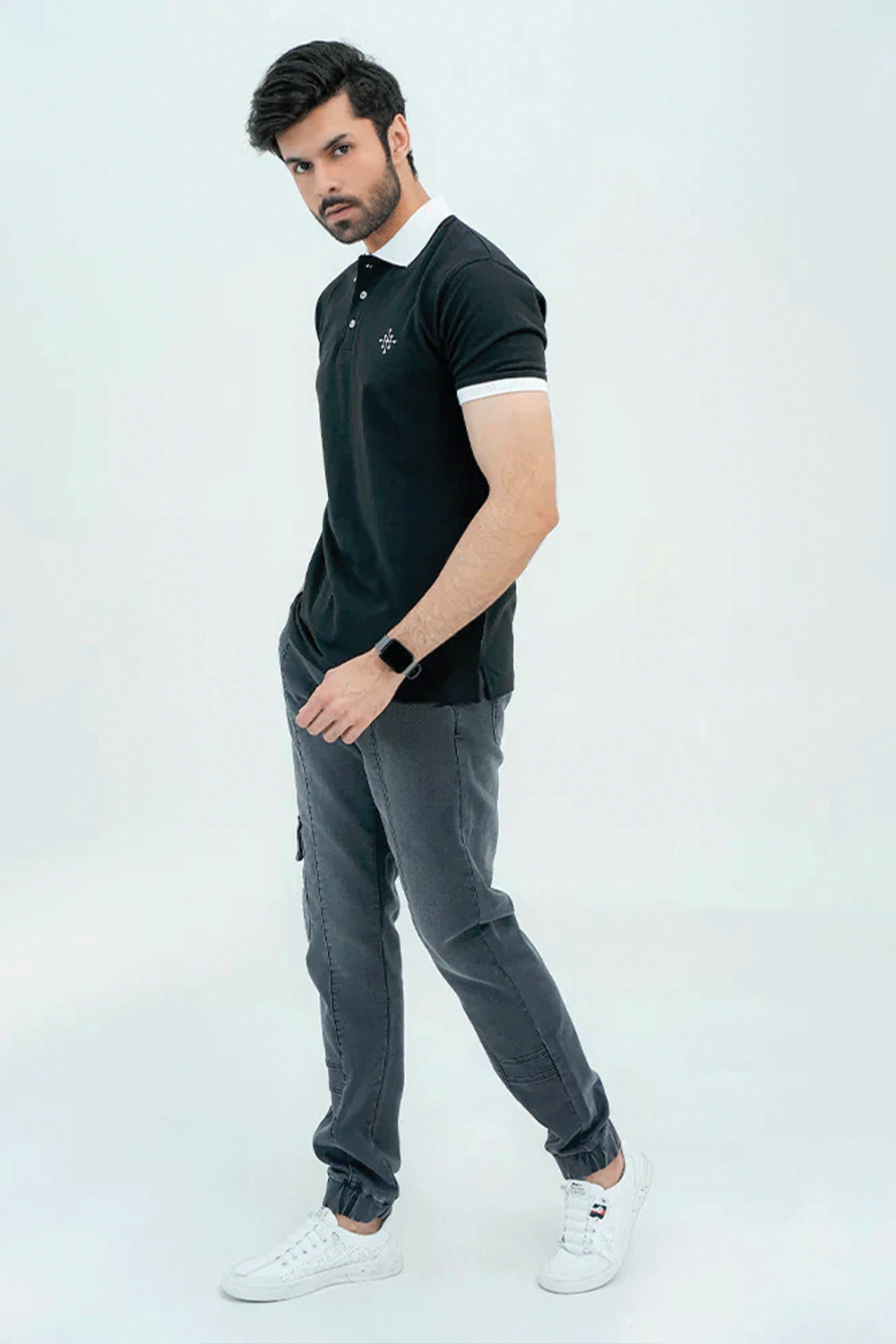 Men Polo Shirt with Contrast Trims - Jet Black