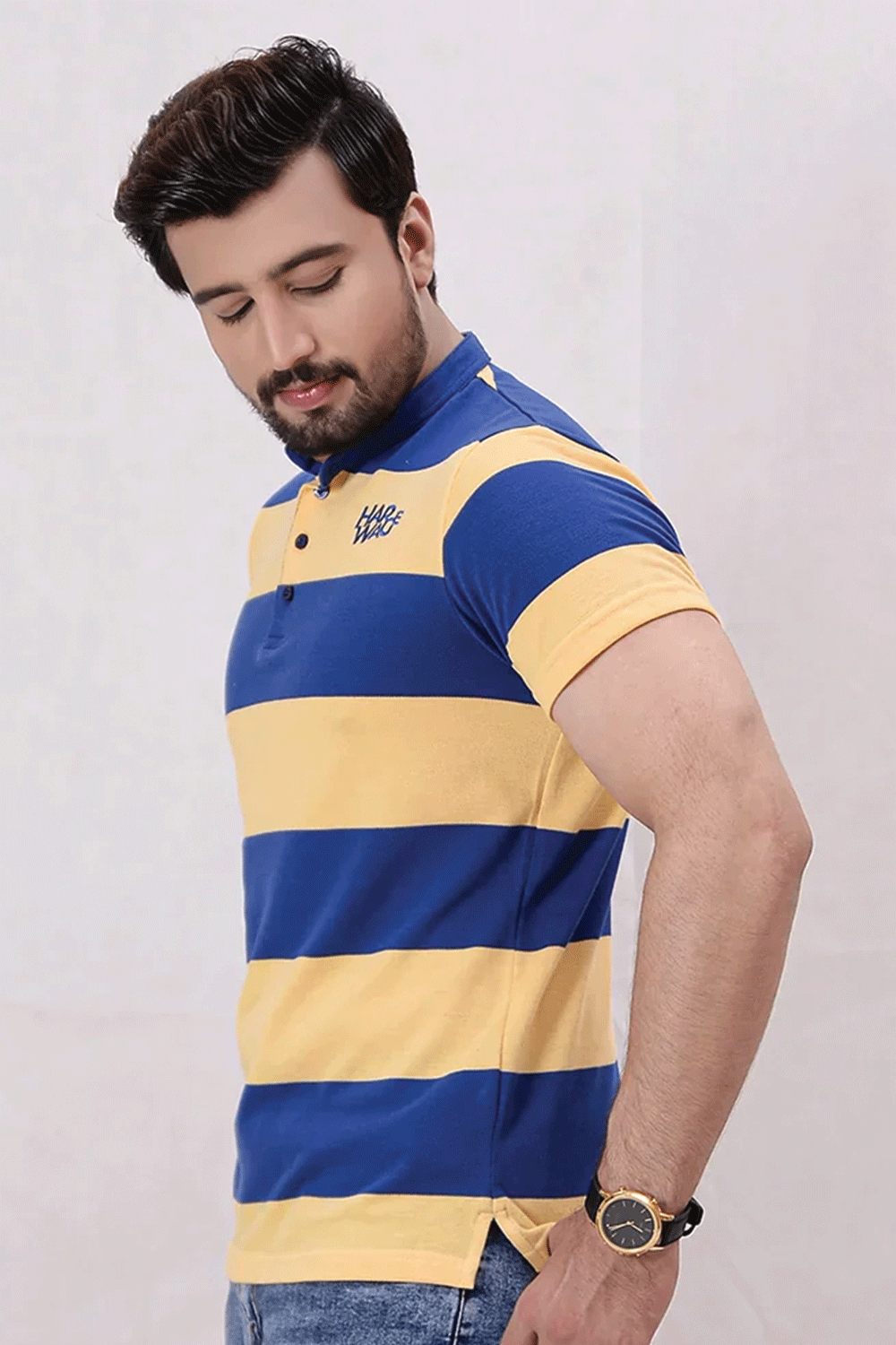 Men Stripe Polo Shirt - Mid Blue