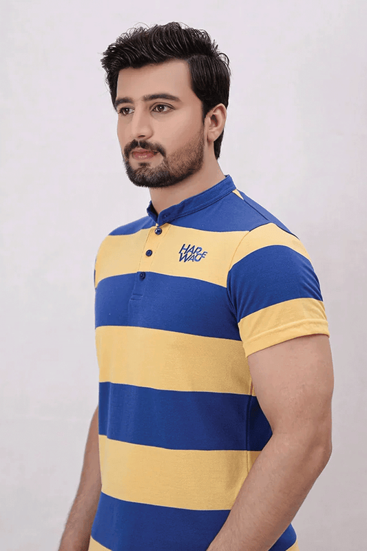Men Stripe Polo Shirt - Mid Blue