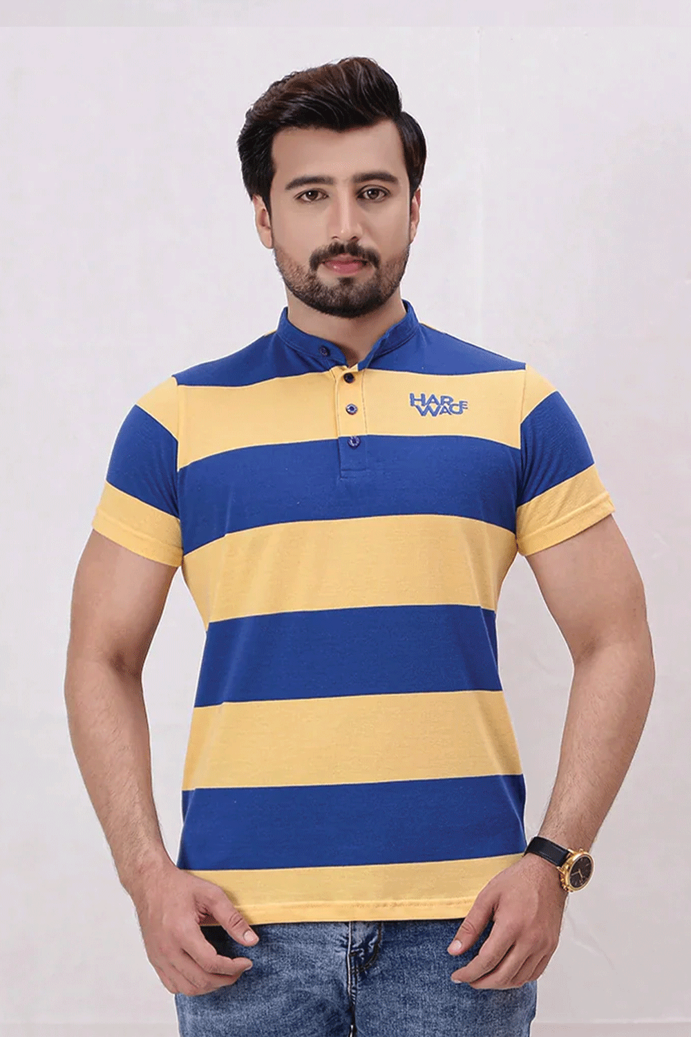 Men Stripe Polo Shirt - Mid Blue