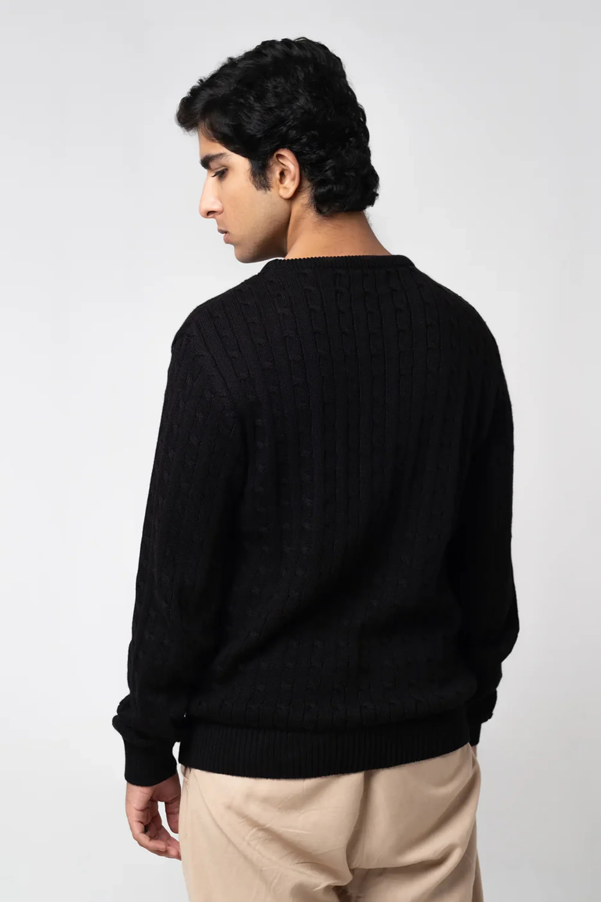 Men black cable knit sweater back view regular fit