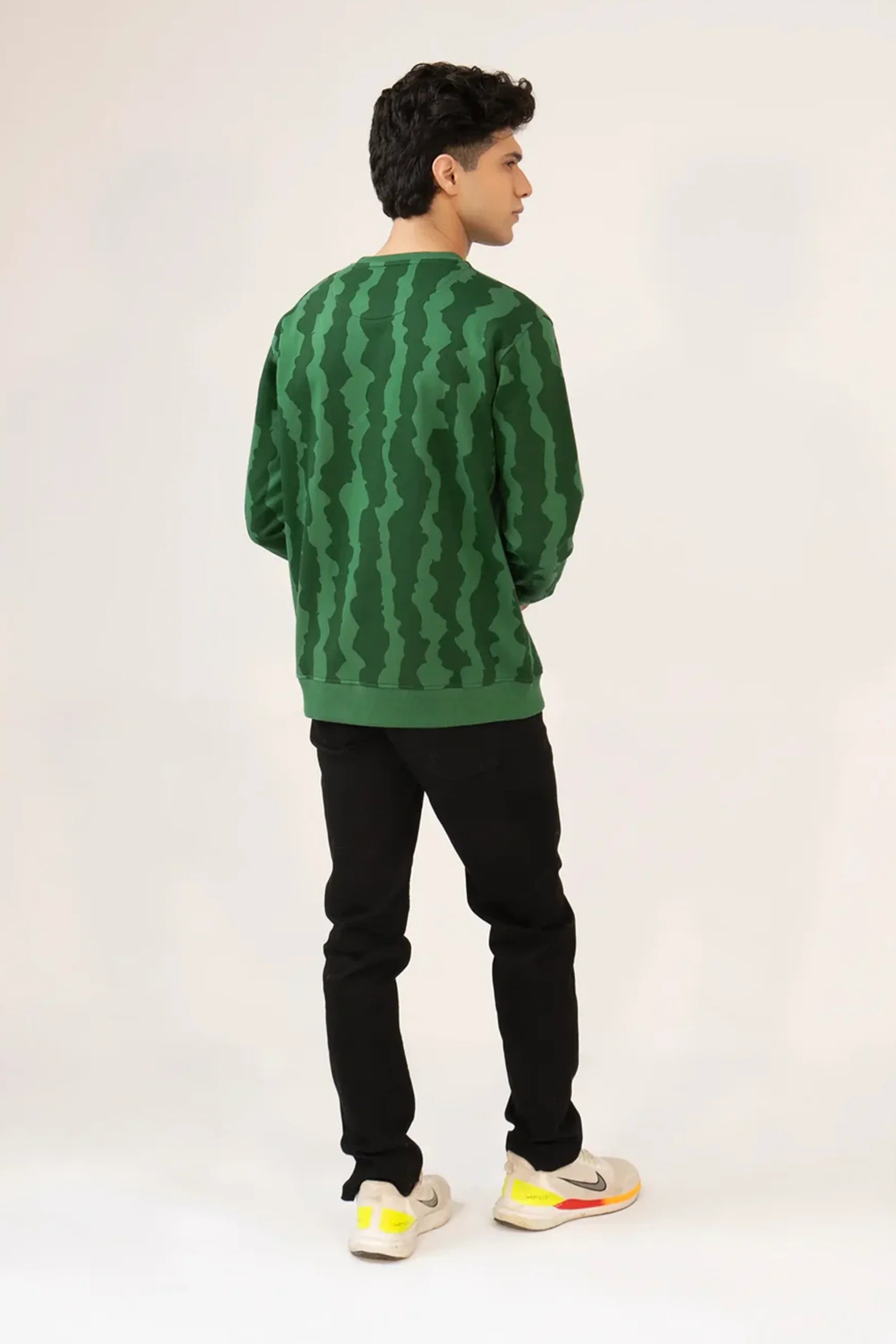 Men Green Camouflage Sweatshirt displayed from back in studio setting