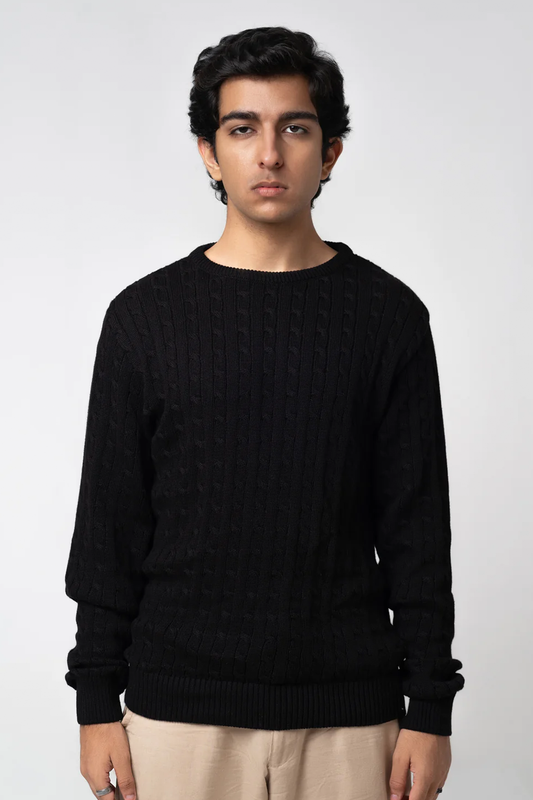 Men’s Crew Neck Cable Knit Sweater - Black