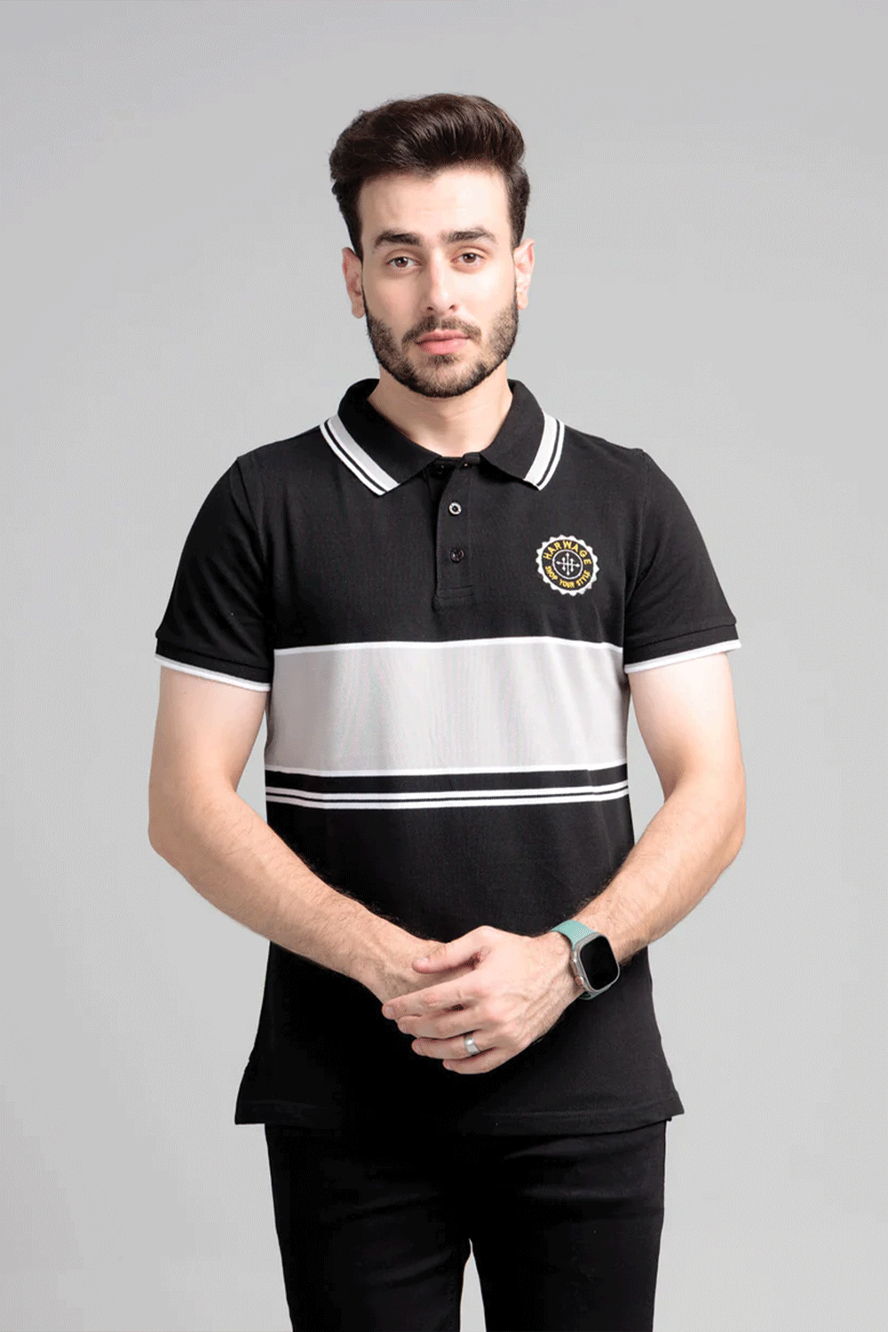 Men's Yarn Dyed Pique Polo Shirt - Jet Black & Quiet Grey