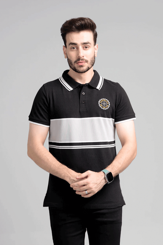 Men's Yarn Dyed Pique Polo Shirt - Jet Black & Quiet Grey