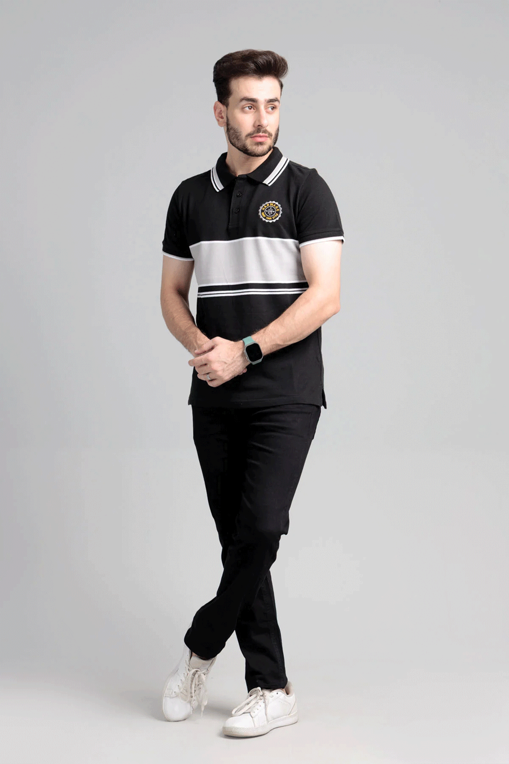 Men's Yarn Dyed Pique Polo Shirt - Jet Black & Quiet Grey
