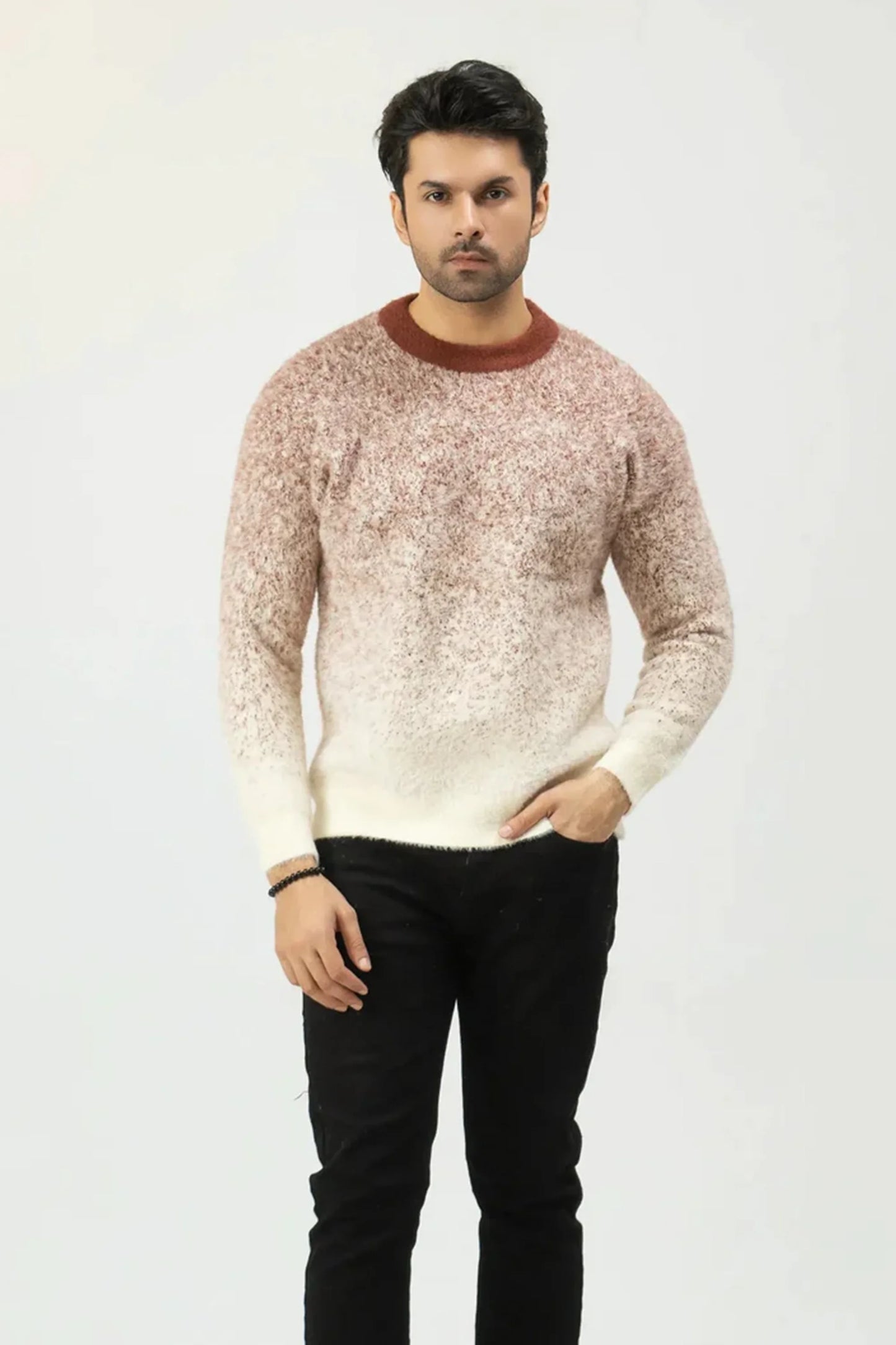 Men’s Beige Tie-Dye Wool Jersey with Gradient Design and Jeans